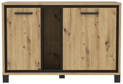 Kommode TRONDHEIM 2 Türen Artisan Eiche/Schwarzeiche Optik in Gesamtansicht mit zwei Holztüren und schwarzem Mittelbereich.