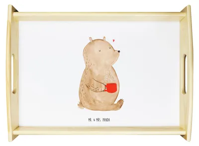 Produktbild von Mr. & Mrs. Panda holz serviertablett Bär Kaffee - Weiß - Geschenk, betttablett, Guten Morgen, tablett zum servieren, Servier, Holztablett, Frühstückstablett, Motivation
