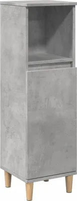 A tall, narrow cabinet with a concrete-like gray finish and wooden legs, shown against a white background.