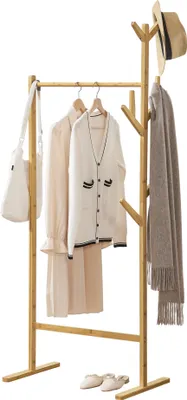 Produktbild von Garderobenständer Nordreisa 65x40x170cm Bambus Kleiderständer freistehende Garderobe mit Kleiderstange und 8 Kleiderhaken Natur standfest