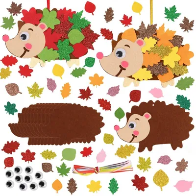 Produktbild von Bastelset Igel 10 Stück Moosgummi Herbstdeko Kinder DIY mit Ahornblatt und Kulleraugen