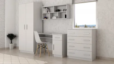 Produktbild von Jugendzimmer-Set 4-teilig Schrank Wandregal Kommode Schreibtisch Weiß/Weiß mit Alufarbiegen Griffen OMEGA I