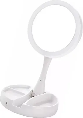 Imagen del producto de Espejo de maquillaje plegable, espejo de tocador redondo con luz LED y aumento de 10x, espejo de belleza, conexión USB
