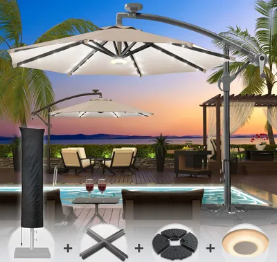 Produktbild von SUNSET | Sonnenschirm | Rund | Ø 300 cm | Taupe | LED | +Ständer & Hülle | Sonnenschirm, Gartenschirm, Ampelschirm, Balkonschirm
