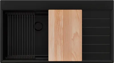 Produktbild von PRIMAGRAN Spülbecken Alles Schwarz 90x50cm, Granitspüle 1 Becken + Ablauf-Set + Küchenzubehörset, Küchenspüle ab 60er Unterschrank - Sydney