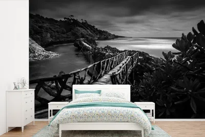 Produktbild von MuchoWow® Fototapete für Wohnzimmer oder Schlafzimmer Wandtapete Vinyl Motivtapete Indonesien - Brücke - Schwarz - Weiß - 600x400 cm - Vinyltapeten