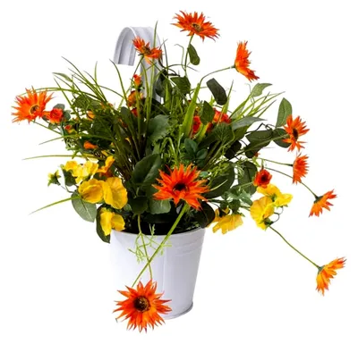 Produktbild von künstliches Sommerblumenarrangement im weißen Metallhängetopf (orange-gelb)