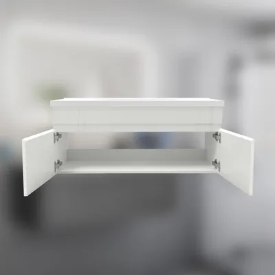 Produktbild von Badmöbel HUTI-Serie 100cm Hochglanz Weiß Keramik Waschtisch mit Unterschrank Hängeschrank Badezimmermöbel mit 2 Türen