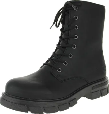 A black lace-up boot on a white background.