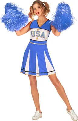 A woman dressed as a cheerleader posing with pom-poms.