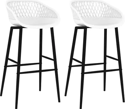 Two white bar stools with black legs are shown against a white background.