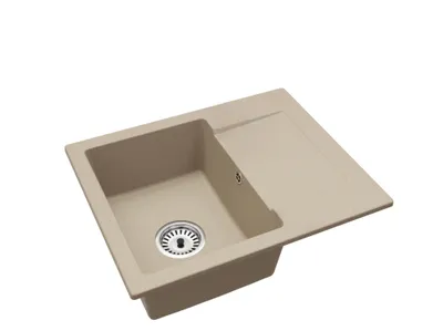 A single granite sink with a draining board, shown from a diagonal angle against a white background.