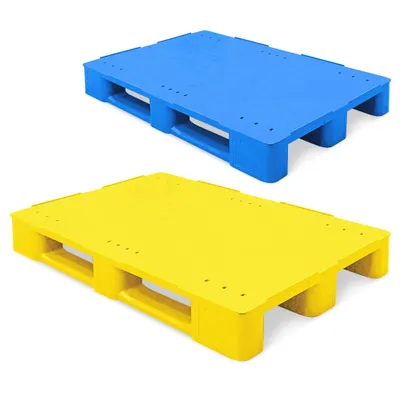 Produktbild von 2 Kunststoffpaletten im Euromaß, LxBxH 1200x800x145 mm, geschlossen, gelb/blau