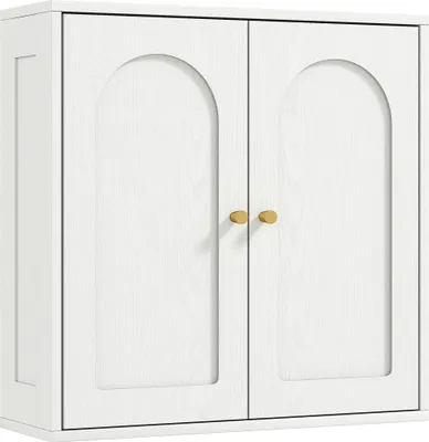 Image de Armoire de salle de bain - Armoire suspendue - 2 portes - Étagères - Bois - 60 x 20 x 60 cm - Poignées dorées - Blanc