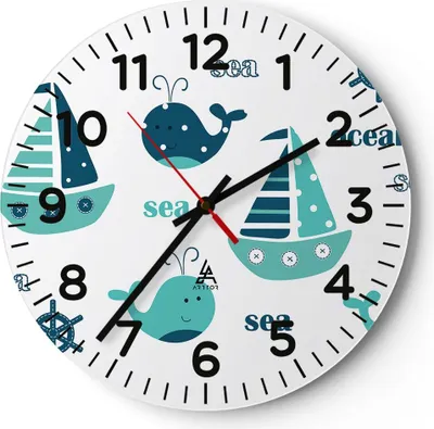 Produktbild von Wanduhr - Rund - Glasuhr - Wale Schiffe Kinder Seesterne - 30x30cm - Schleichendes Uhrwerk - Lautlos - zum Aufhängen bereit - Dekoration Modern - Wanddekoration aus Glas - C4AR30x30-2913