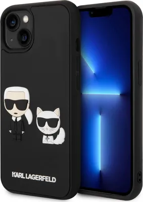 A black iPhone case with Karl Lagerfeld and Choupette designs is shown next to an iPhone screen.