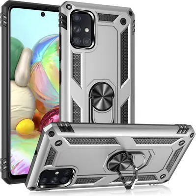 A silver phone case with a ring holder is displayed.