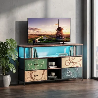 Immagine prodotto di Comodino INONEFT con 4 cassetti in tessuto, cassettiera in struttura metallica, mobile contenitore con illuminazione a LED, cassettiera con motivo floreale vintage