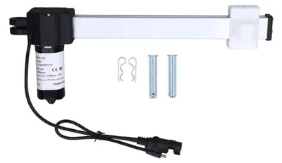 A product shot of an electric linear actuator with accessories.