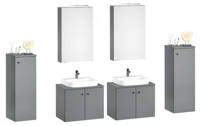 Produktbild von Badezimmermöbel-Set Spiegelschrank Waschtisch Schrank halbhoch grau V-90.59-01Doppel Set ohne Füße