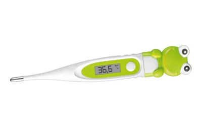 A green and white digital thermometer with a frog design is shown against a white background. The thermometer displays a temperature of 36.6°C.