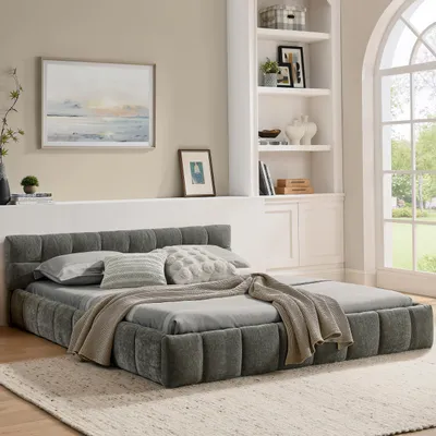 Produktbild von Doppelbett 140*200 cm, Bett mit seidig weichem Chenille - Bezug, quadratischem Steppdesign, aus ökologischem Eukalyptusholz und stabilem Eisenrahmen, einfache Montage, Dark Gray (ohne Matratze)