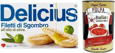 Produktbild von 10x Delicius Filetti di Sgombro all'Olio di Oliva,Makrelenfilets in Olivenöl,reich an Omega 3,Hochwertiger Blauer Fisch,125g + Italian Gourmet Polpa di Pomodoro 400g Dose