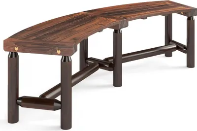 A curved wooden bench on a white background.