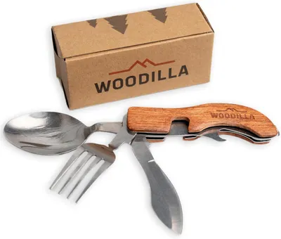 Imagen del producto de Juego de cubiertos para camping, de 4 piezas, plegable, de acero inoxidable y madera, con abrelatas, ideal para actividades al aire libre