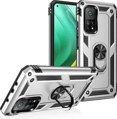 Obrázek produktu pro Pouzdro pro Xiaomi Mi 10T / Mi 10T Pro dvouvrstvé robustní, vojenská ochrana pouzdro s držákem prstenu a stojánkem Stříbro