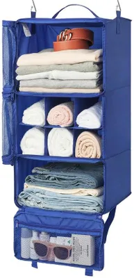 Imagen del producto de Organizador colgante plegable Ibzoa® para armario: 3 compartimentos + sección central con 6 divisiones, de poliéster, 33x25x60 cm, capacidad máxima de 10 kg, con compartimento de malla y ganchos metálicos