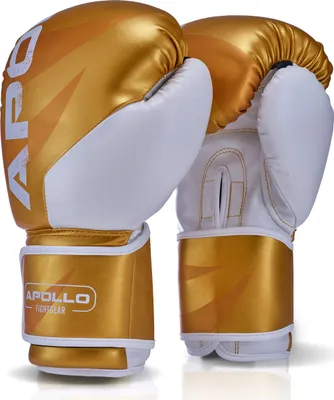 Produktbild von Apollo Boxhandschuhe Männer aus Kunstleder | Thai Boxhandschuhe Damen und Herren | für Boxsack, Training, Sparring, Fitness, MMA Handschuhe | Kickbox Handschuhe | boxing gloves 12/14/16oz - .Gold 14oz