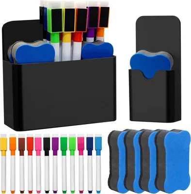 Produktbild von Whiteboard Marker Set 12 Stück, magnetische Schwämme, Stifthalter, waschbar, für Klassenzimmer