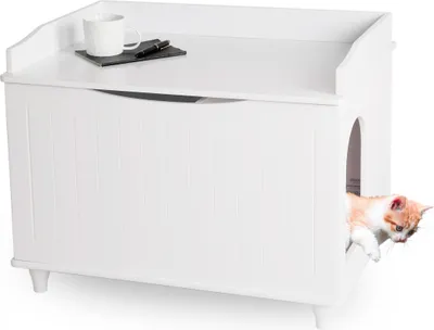 Produktbild von WONDERMAKE Katzenschrank für Katzentoilette groß aus Holz, Katzenklo-Schrank Kommode XL, Design Katzen-Haus Toilette Klo Waschbecken-Unterschrank für Bad, 73,5 x 51,5 x 57 cm, Katzenhöhle weiß