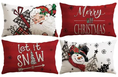 Productafbeelding van Kerstkussenslopen, set van 4, 30x50 cm, kerstman, sneeuwpop, rood, polyester-linnen