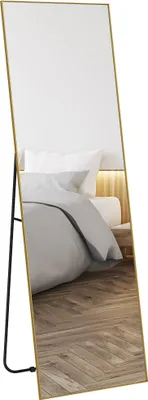 Image de HOMCOM Grand miroir pleine longueur rectangulaire, 50 x 160 cm - miroir sur pied, mural ou pocé contre mur - pour chambre à coucher, salon et dressing, or