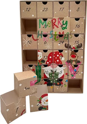 A DIY Christmas advent calendar made of cardboard, with numbered drawers and festive Christmas illustrations.