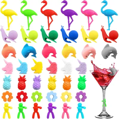 Immagine prodotto di Marcatori per bicchieri - 42 pezzi di marcatori in silicone per bicchieri da vino - Marcatori riutilizzabili per bicchieri - Marcatori per tazze - Identificatori colorati per bicchieri - Cocktail