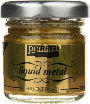 A close-up studio shot of a small jar of gold liquid metal paint with a silver lid.