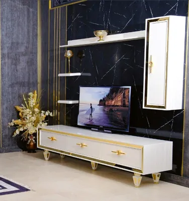 Produktbild von Edelstahl Weißes Lowboard Modernes Sideboard TV-Ständer Kommode Holz
