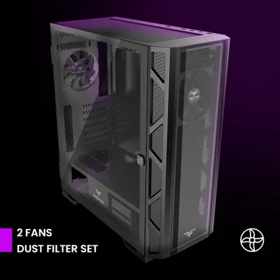 Produktbild von PREYON Nest Meshy Computergehäuse, Midi Tower, ATX, Extended ATX (e-ATX), Micro ATX (uATX), Mini ITX, 2 PWM 120 mm Lüfter, gehärtete Glasscheibe