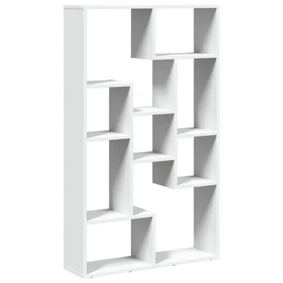 A white, modern bookshelf with an irregular geometric design, against a white background.