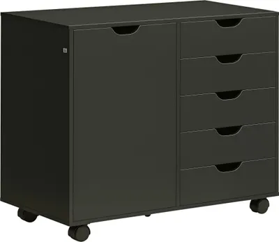 Image de HOMCOM Caisson de bureau mobile avec 5 tiroirs et 1 porte, étagère réglable, meuble rangement bureau, caisson de rangement sur roulettes, pour documents et papeterie, 78 x 40 x 66,5 cm, noir