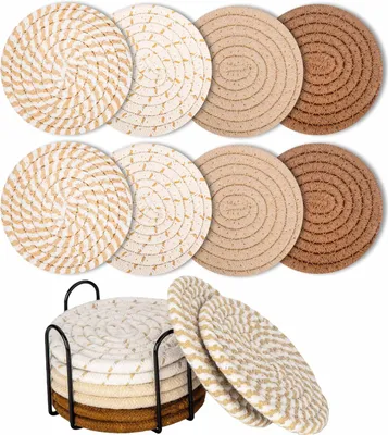 Produktbild von 8 STK Untersetzer Gl?ser, Glasuntersetzer Rund fš¹r Gl?ser, Tassenuntersetzer mit Halter, Getr?nkeuntersetzer, rutschfest Tischuntersetzer Geflochtenes Baumwolle fš¹r Getr?nke Tassen Glas (Gelb)