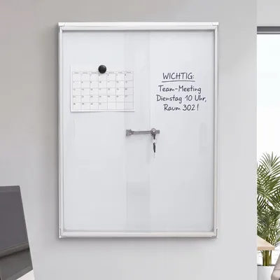 Image de Vitrine HWC-Q50, tableau magnétique, tableau blanc, tableau d'affichage, en aluminium, verrouillable, accessoires inclus, 96 x 66 x 9 cm