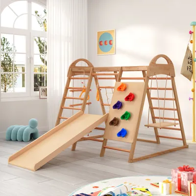 Produktbild von Merax Klettergerüst 8-in-1 Kletterdreieck aus Holz, Kletterwand mit Rutschbahn, Schaukel, Leiter, Kletternetz und Ringe, Indoor-Spielplatz Spielset
