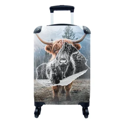 Produktbild von MuchoWow® Koffer Handgepäck Trolley Rollkoffer Kleine Reisekoffer mit 4 Rollen - Schottischer Highlander - Tiere - Schwarz - Weiß - Cabin Size < 55x40x23 cm & 55x40x20 cm - Fotokoffer - Kabinenkoffer - Boardgepäck - Reise-Box - Reisekoffer - Reisegepäck - Koffer mit Bild - Trolley für Kinder