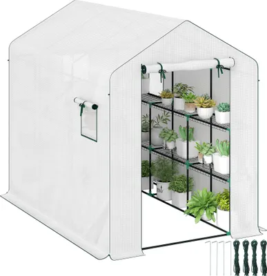 Image de Outsunny Serre de jardin PE avec étagères 3 niveaux, serre d'extérieur avec bâche renforcée vert 135 g/m² anti-UV, châssis en acier, portes zippées enroulables et fenêtres en maille, blanc