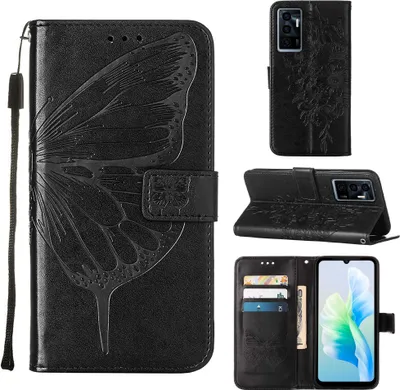 Produktbild von VIVO S10E 5G Hülle, Schmetterling Prägung Flip Leder Kartenfächer Schutzhülle Ledertasche mit Ständer für VIVO S10E 5G / V23E 4 5G / Y75 4G Schwarz