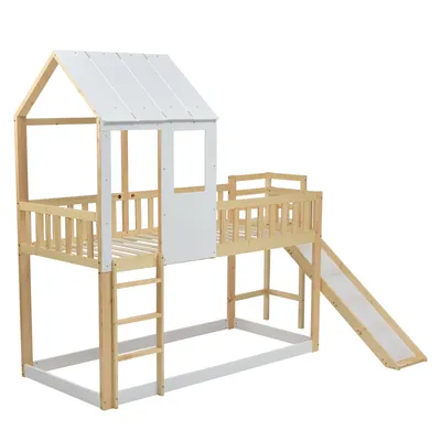 Produktbild von Sweiko Etagenbett (Kinderbett mit Rausfallschutz), Hausbett mit Leiter und Rutsche, 90*200cm